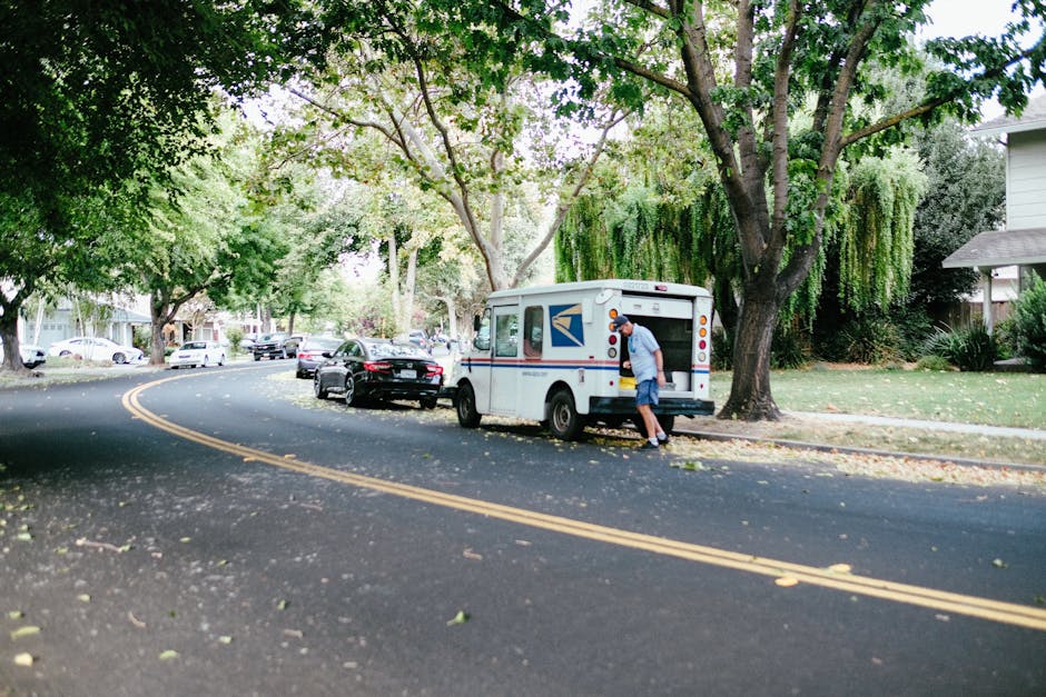 A white parcel delivery van with postal service branding is parked on a residential street lined with large, leafy green trees, creating a canopy over the road. A delivery person is seen leaning into 