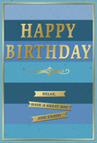 This stylish birthday card conveys a sense of calm celebration through its carefully balanced blue tones and soft golden highlights, as if designed for a relaxed birthday gathering in Pinner with close family and friends. The card's front is divided into broad, horizontal bands of blue, beginning with deep, velvety navy at the bottom, then gradually lightening through rich cobalt, ocean, and teal shades until they reach a gentle, pale sky blue near the top. The colours flow into each other without harsh edges, creating a smooth ombre effect that suggests depth and stillness, not unlike the tranquil water at the duck pond in Pinner Memorial Park on a quiet morning. At the centre, the phrase HAPPY BIRTHDAY stands out in large, embossed gold capitals, the letters neatly aligned and slightly raised. The metallic surface catches even small traces of light, giving off a subdued, refined shimmer rather than a harsh shine. Beneath the greeting, a delicately curved golden flourish runs from side to side, acting as an elegant divider before the message below. Three slender gold banners are stacked neatly under this flourish, each ribbon carrying part of the friendly birthday wish: Relax, have a great day and enjoy! These simple, encouraging words feel like an invitation to slow down and truly savour the day. A fine gold border encloses the entire composition, framing the blues and golds in a way that feels both modern and timeless. Pictured alongside a vase of fresh blooms delivered locally in Pinner, this card's combination of soothing colours and gentle sparkle would add a thoughtful, heartfelt touch to any birthday celebration.